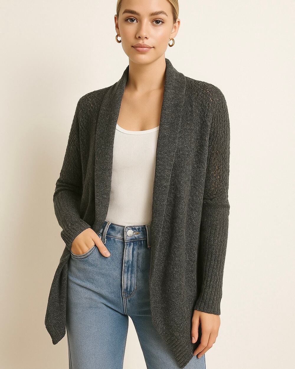Hollister Open Knit Cardigan Gray Waterfall Sweater XS/S Soft Cozy Layering